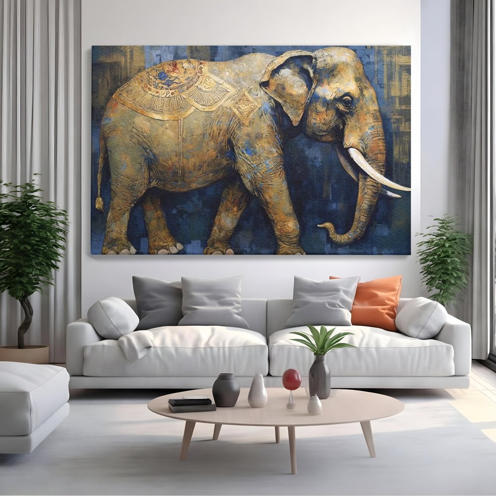 Tablou canvas cu tablou canvas cu pictura de elefant auriu, fara rama, pe sasiu de lemn, pe perete intr-un living